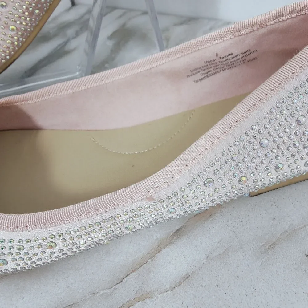 Cat & Jack Girls' Pale Pink Diamante Rhinestone Sparkly Ballet Flats, Sz 5